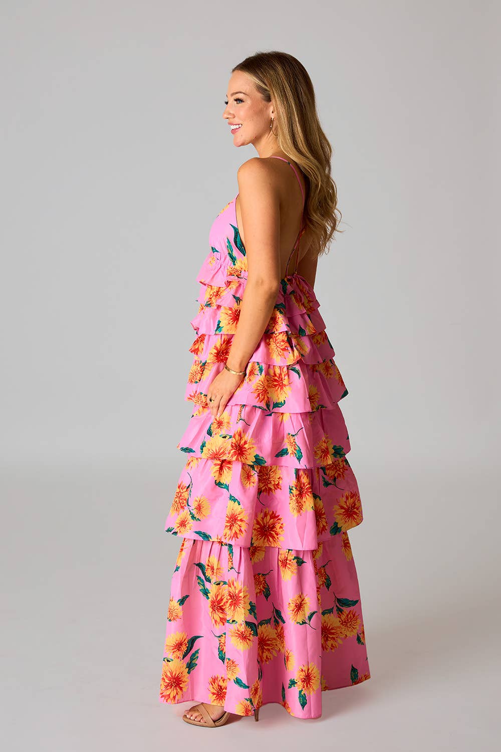 Callie Sunflower Pink Floral Ruffled Maxi Dress