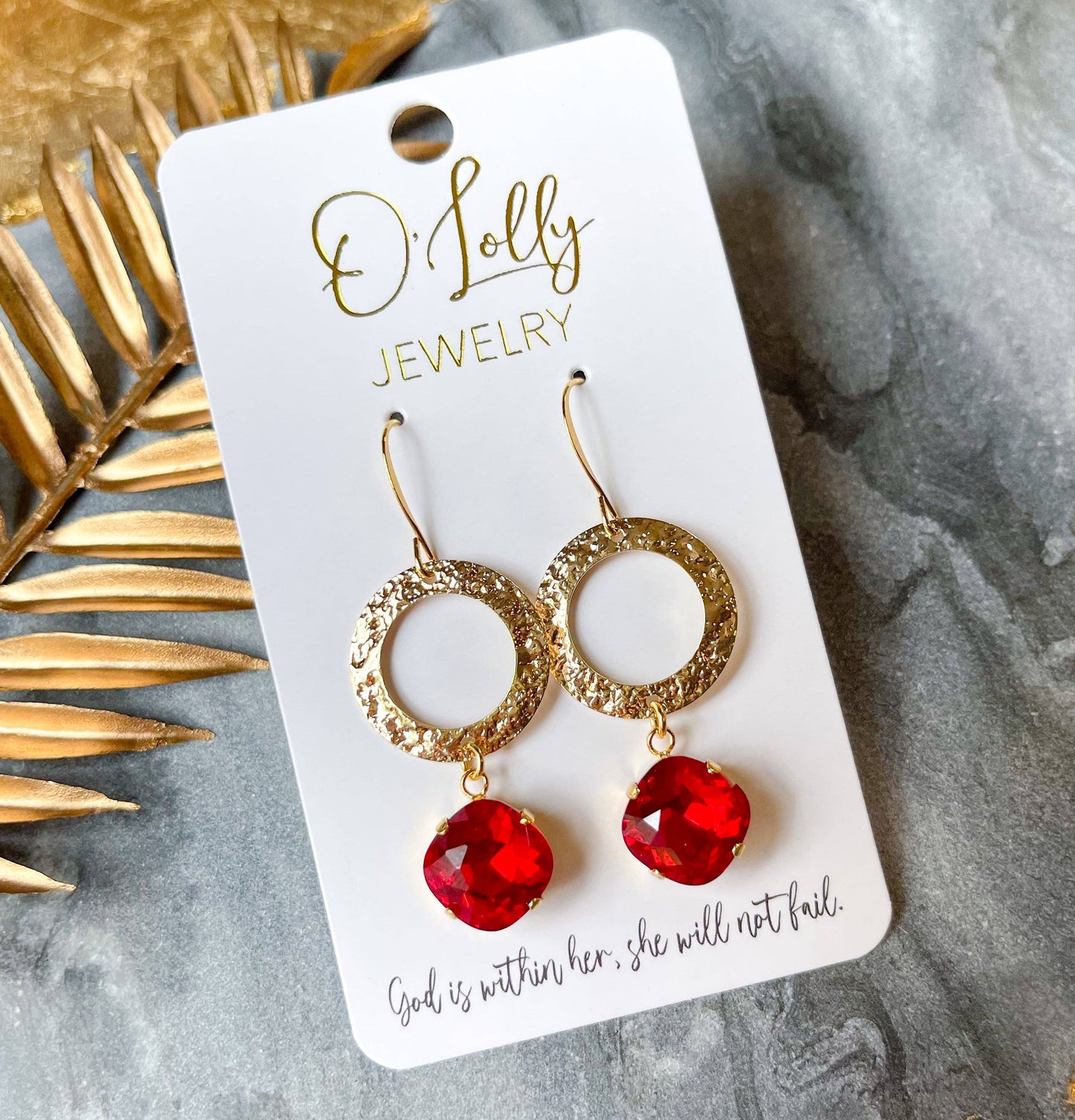 O’Lolly Jewelry - "Ruby"- Gold Textured Open Hoop w/Red 12mm Stone Earrings