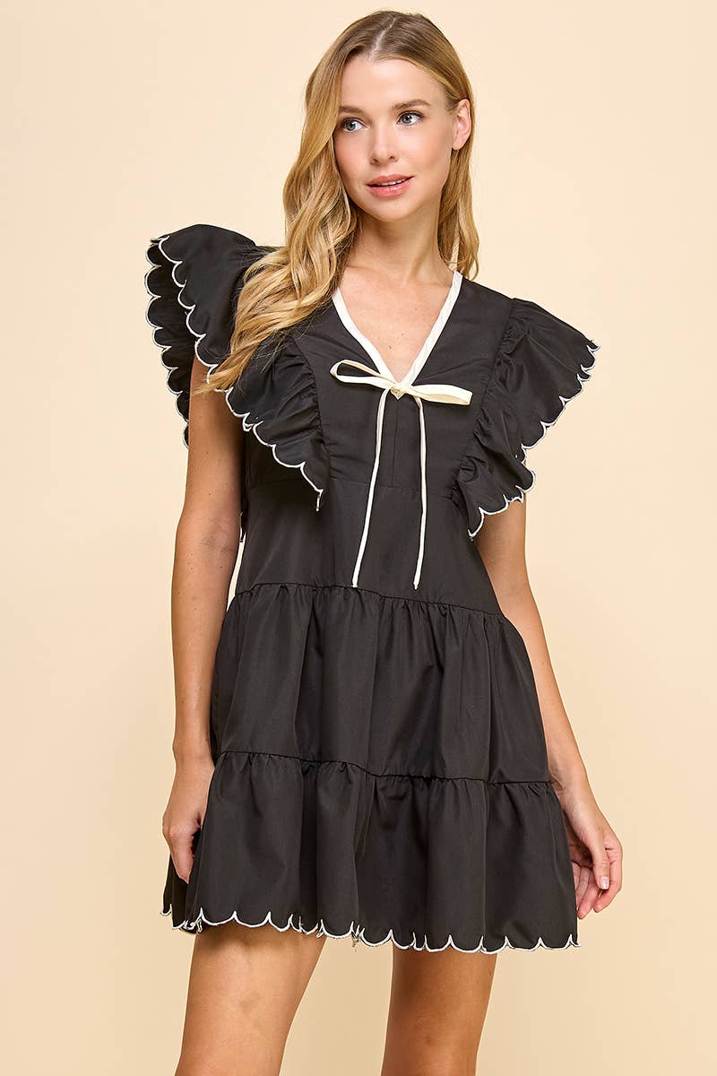 V Neckline Bow Detail Scalloped Dress