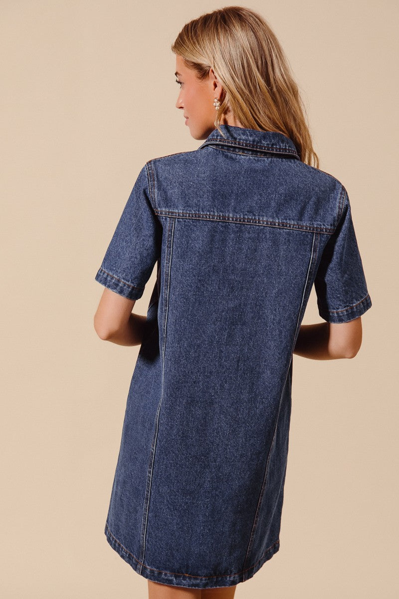 HALF ZIP UP FRONT DENIM DRESS WITH SIDE POCKETS