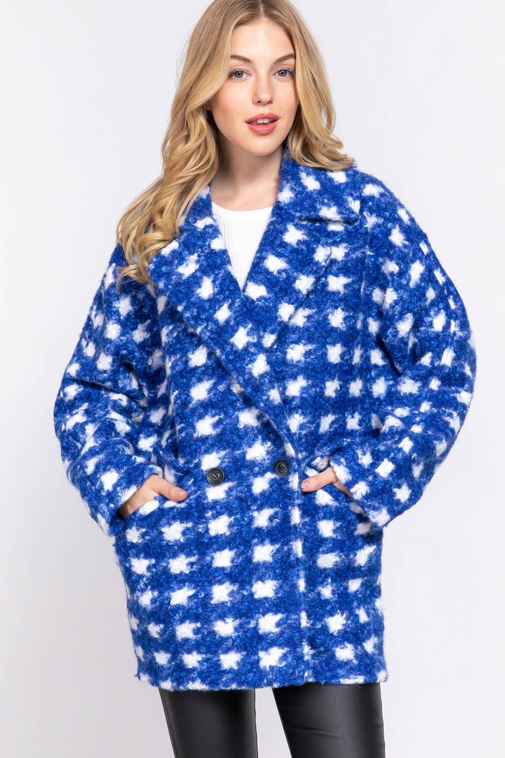 Long Sleeve Double Breasted Check Print Boucle Fleece Coat