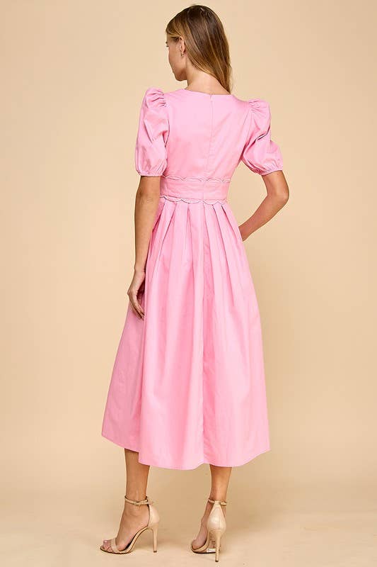 V- Neckline Scalloped Detail Midi Dress