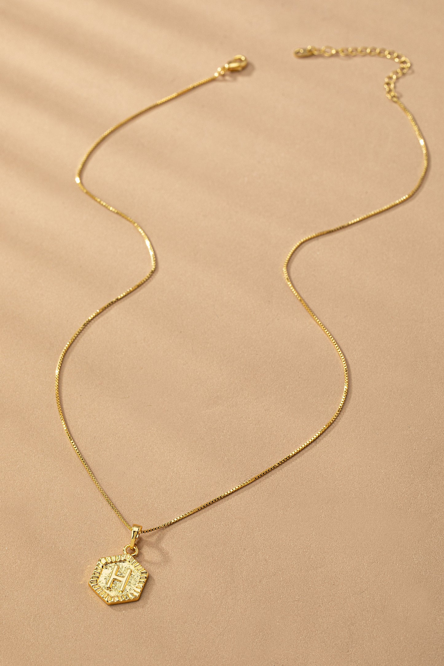 Hexagon brass initial letter necklace