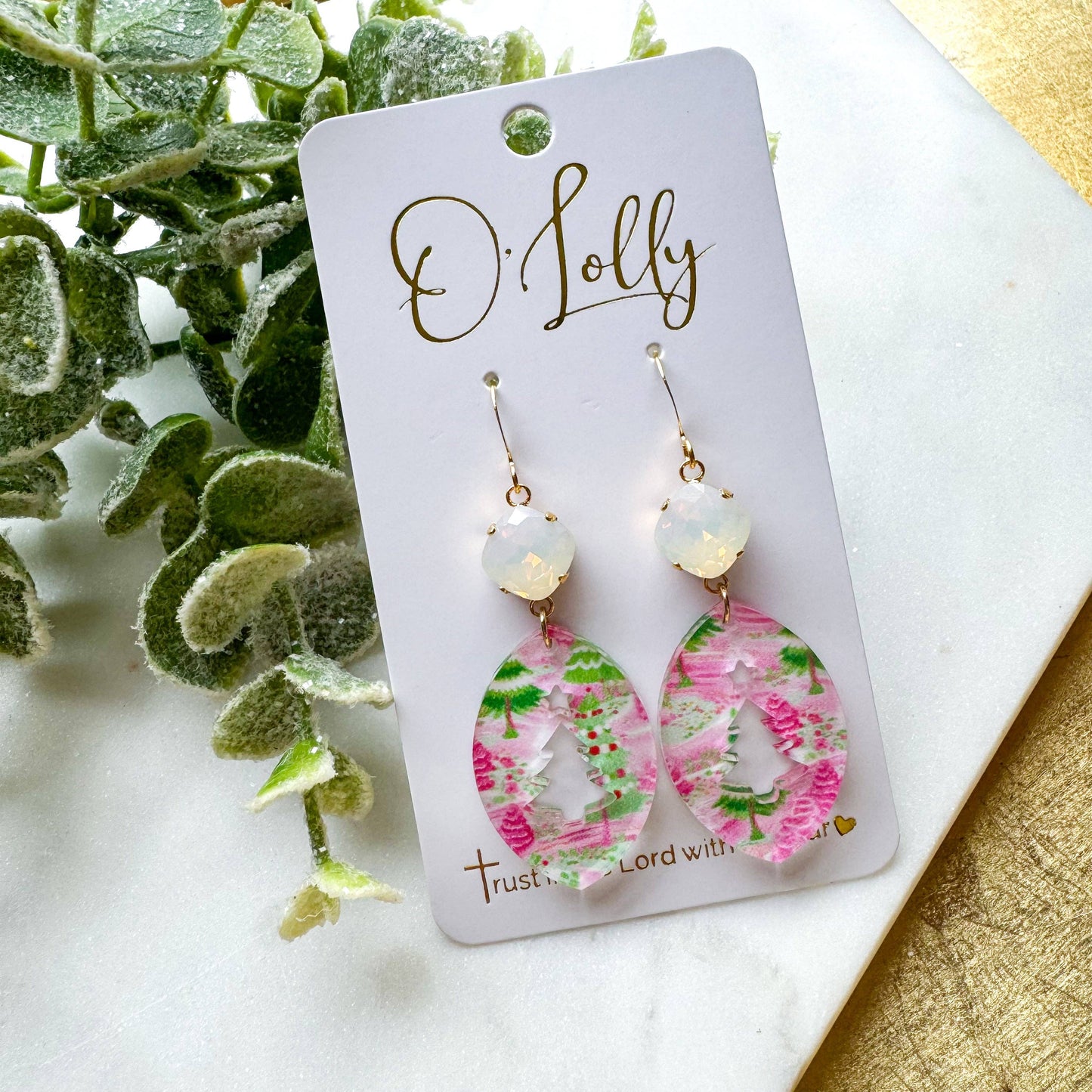 O’Lolly Jewelry - Pink & Green Acrylic Open Christmas Tree Earring