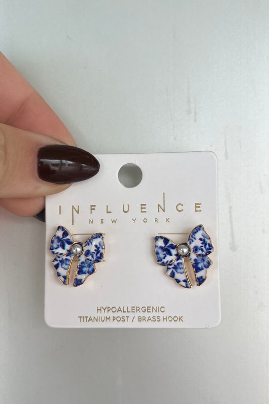 Blue floral butterfly earrings