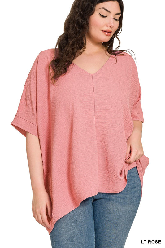PLUS WOVEN AIRFLOW V-NECK DOLMAN SHORT SLEEVE TOP