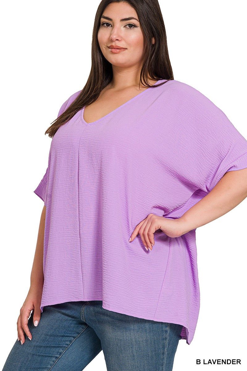 PLUS WOVEN AIRFLOW V-NECK DOLMAN SHORT SLEEVE TOP