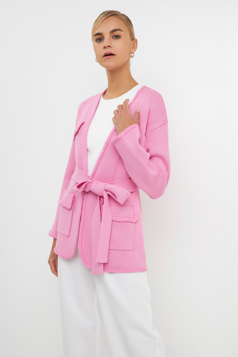 Elegant Pink Wrap Braid Trim Edge Cardigan