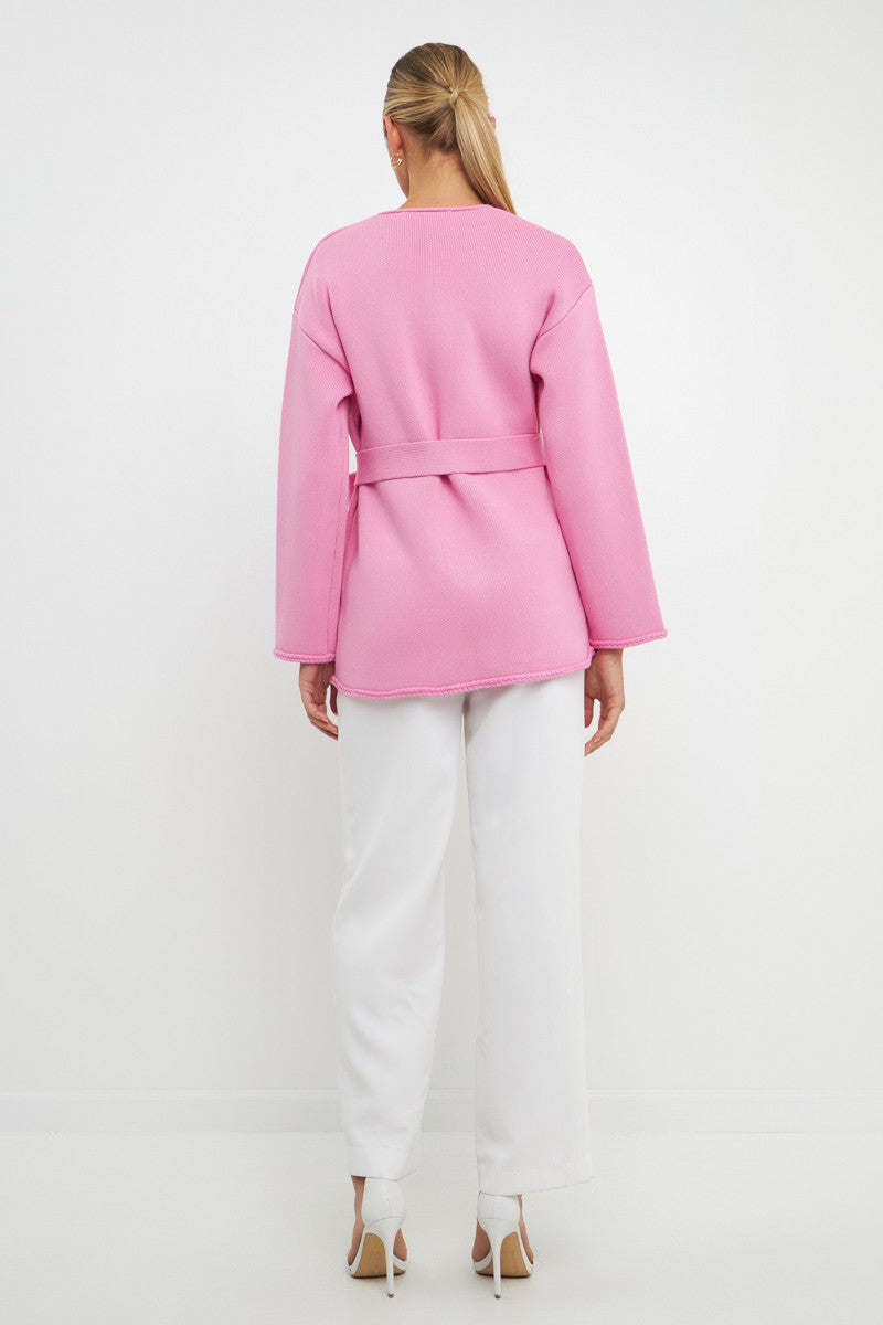 Elegant Pink Wrap Braid Trim Edge Cardigan