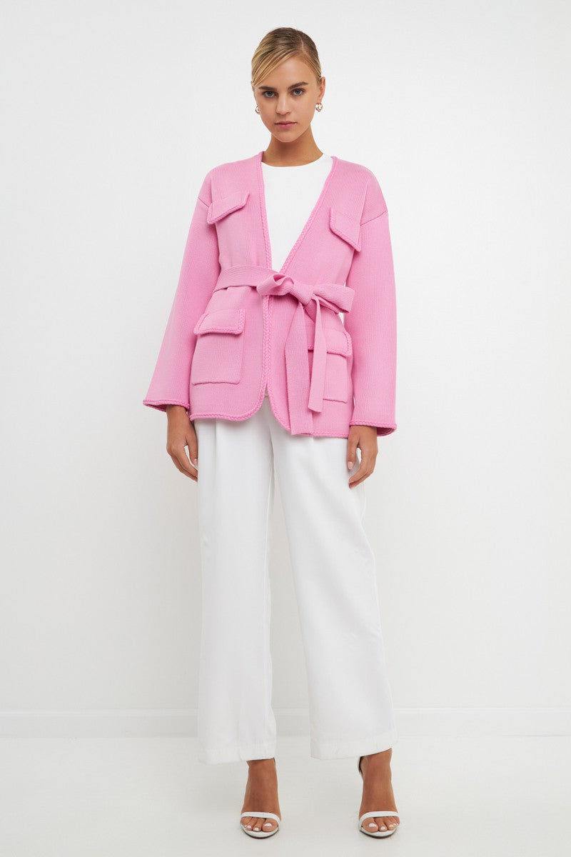 Elegant Pink Wrap Braid Trim Edge Cardigan