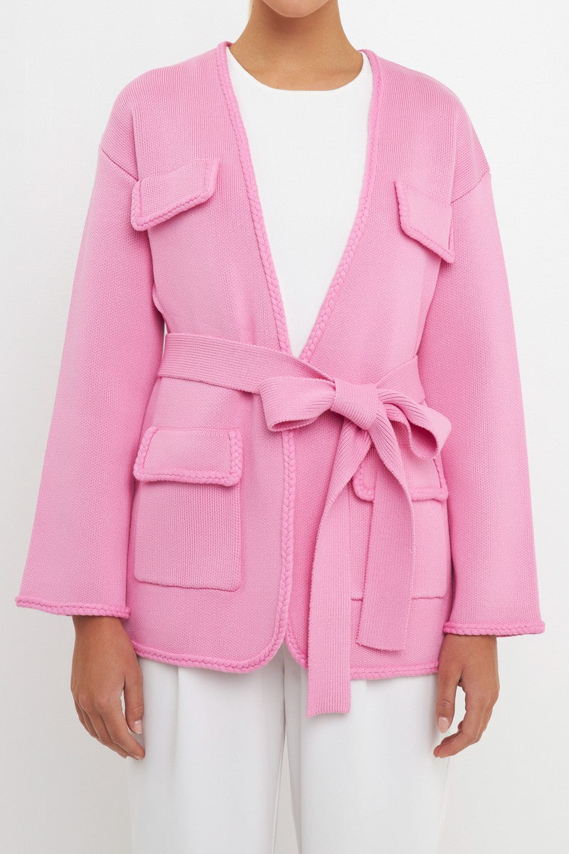 Elegant Pink Wrap Braid Trim Edge Cardigan