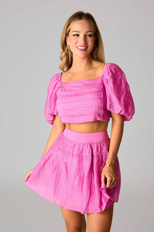 BuddyLove - Cutie Bubblegum Pink Puff Sleeve Top And Skirt Set