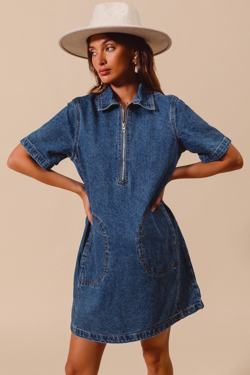 HALF ZIP UP FRONT DENIM DRESS WITH SIDE POCKETS