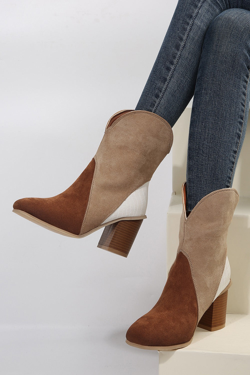 Chestnut Colorblock Suede Heeled Ankle Boots