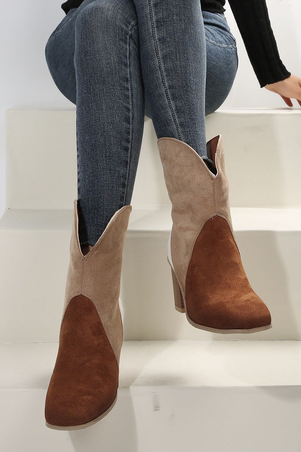 Chestnut Colorblock Suede Heeled Ankle Boots