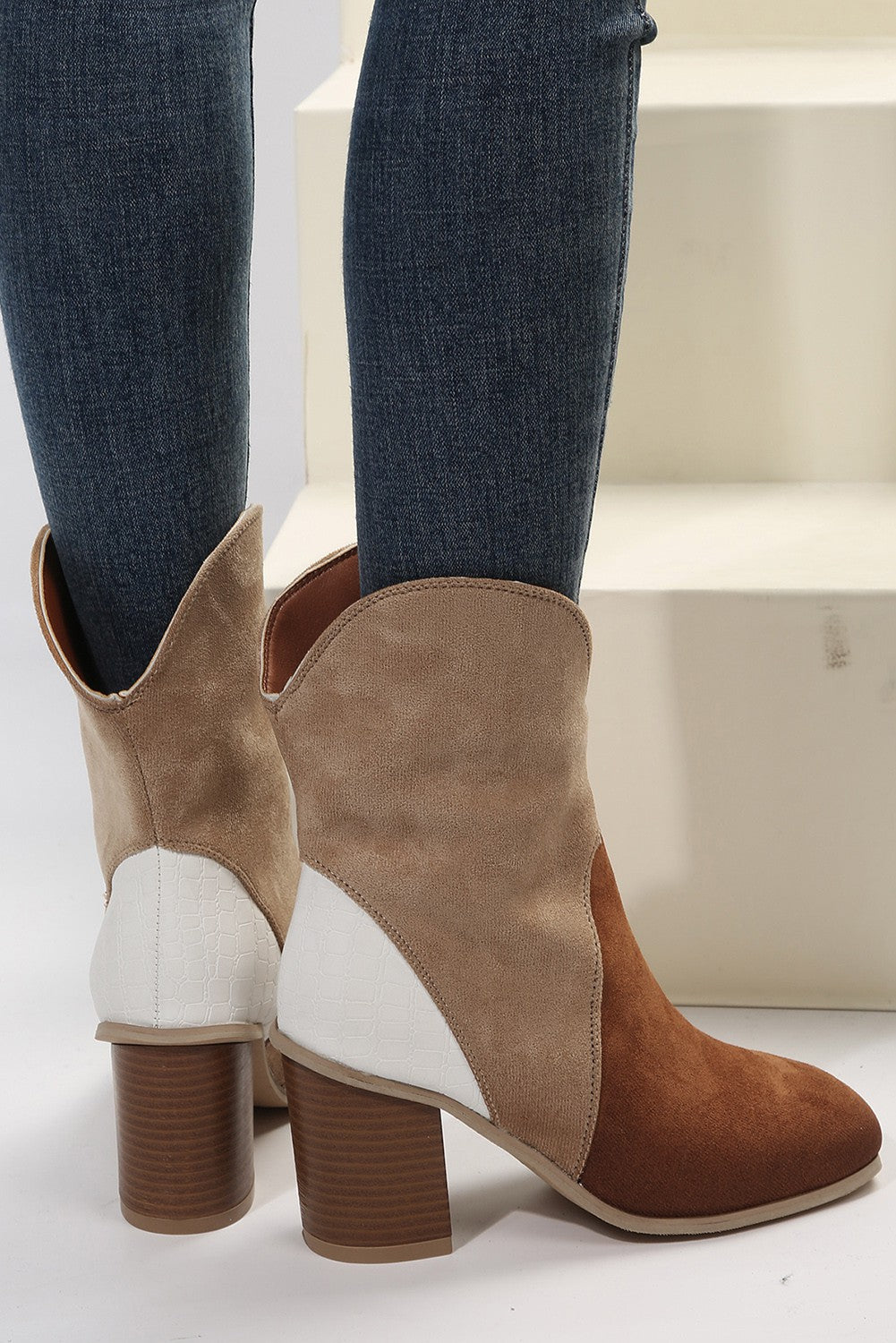 Chestnut Colorblock Suede Heeled Ankle Boots