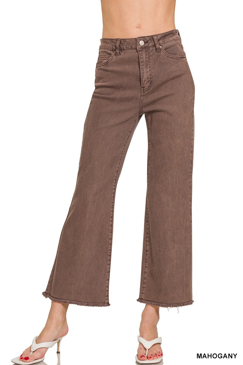 ACID WASHED HIGH WAIST FRAYED HEM BOOTCUT PANTS