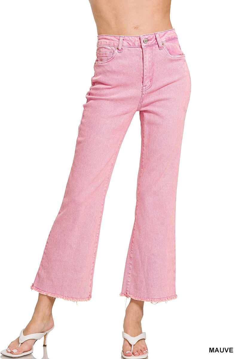 ACID WASHED HIGH WAIST FRAYED HEM BOOTCUT PANTS