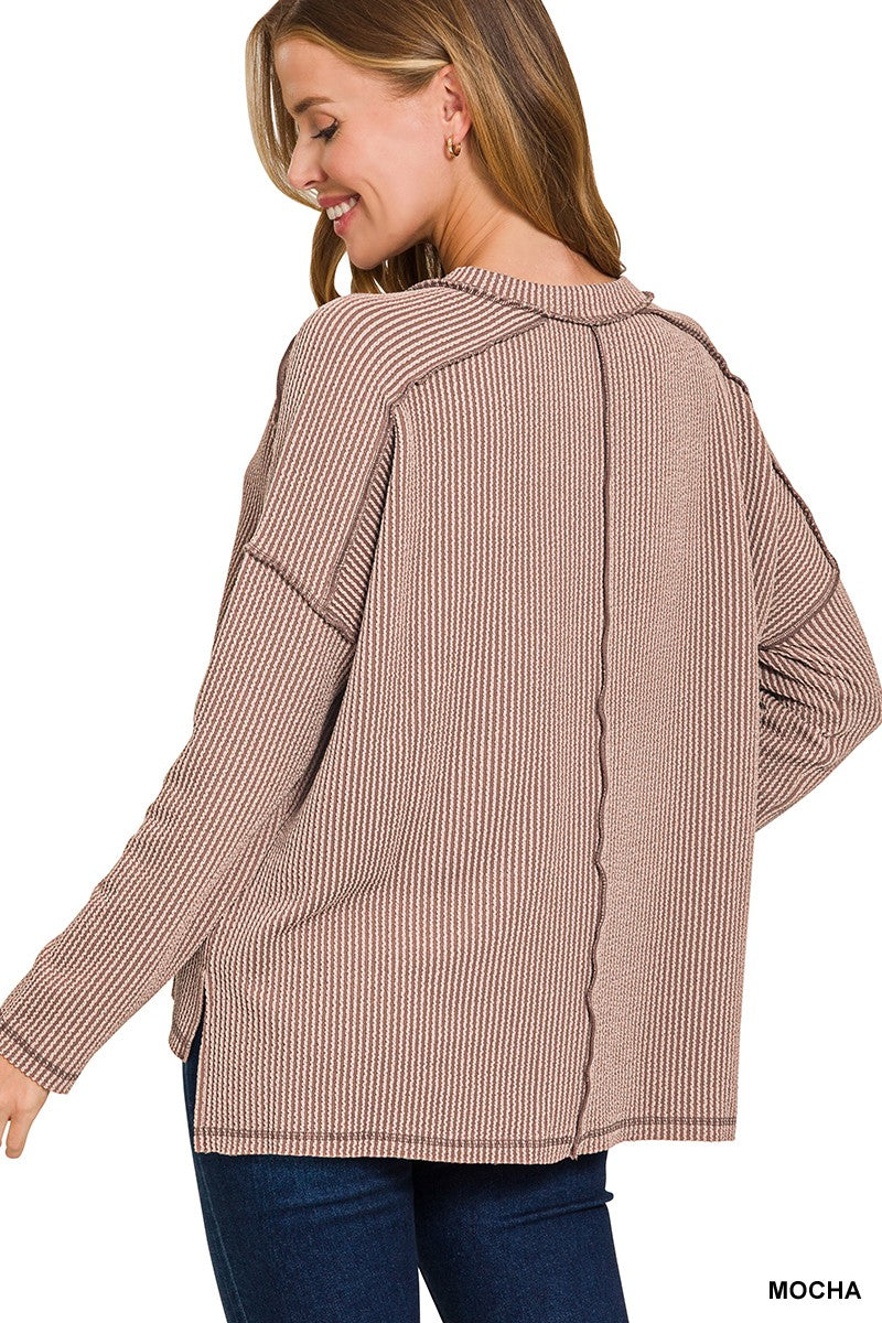 Raised Rib Raw Edge Boat Neck Long Sleeve Top