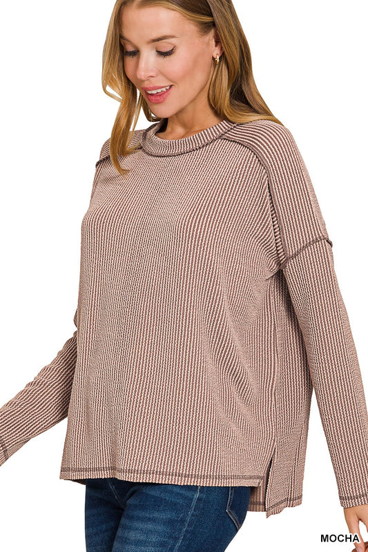 Raised Rib Raw Edge Boat Neck Long Sleeve Top
