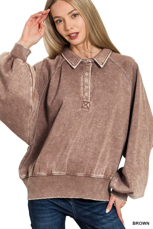 Acid Wash Fleece Button Up Collared Pullover