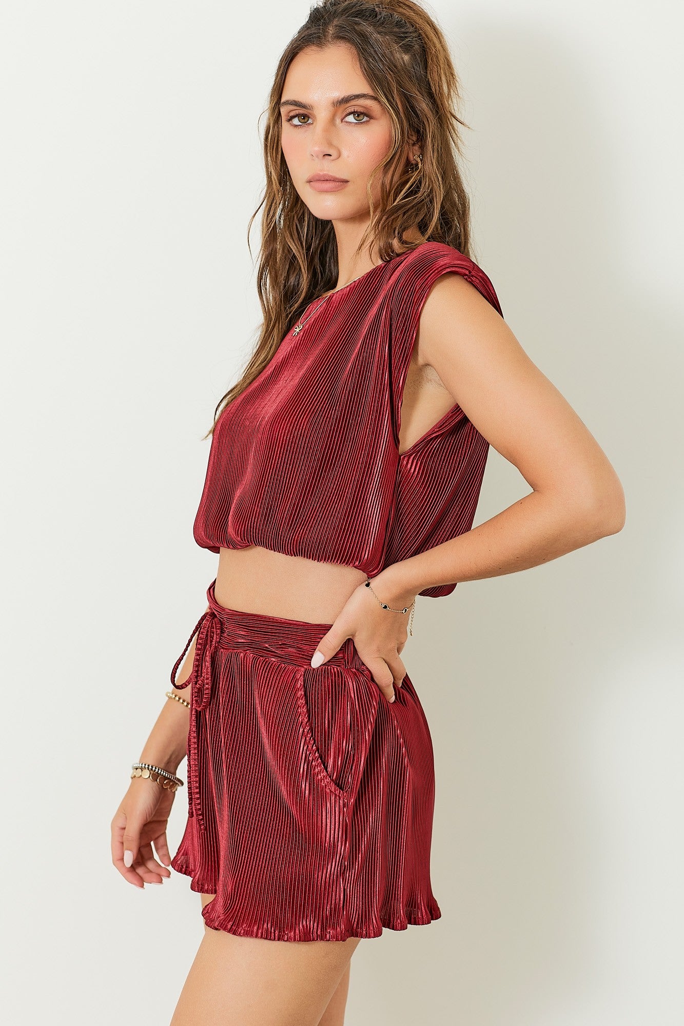 Pleated Round Neck Sleeveless Top W/ Matching Shorts