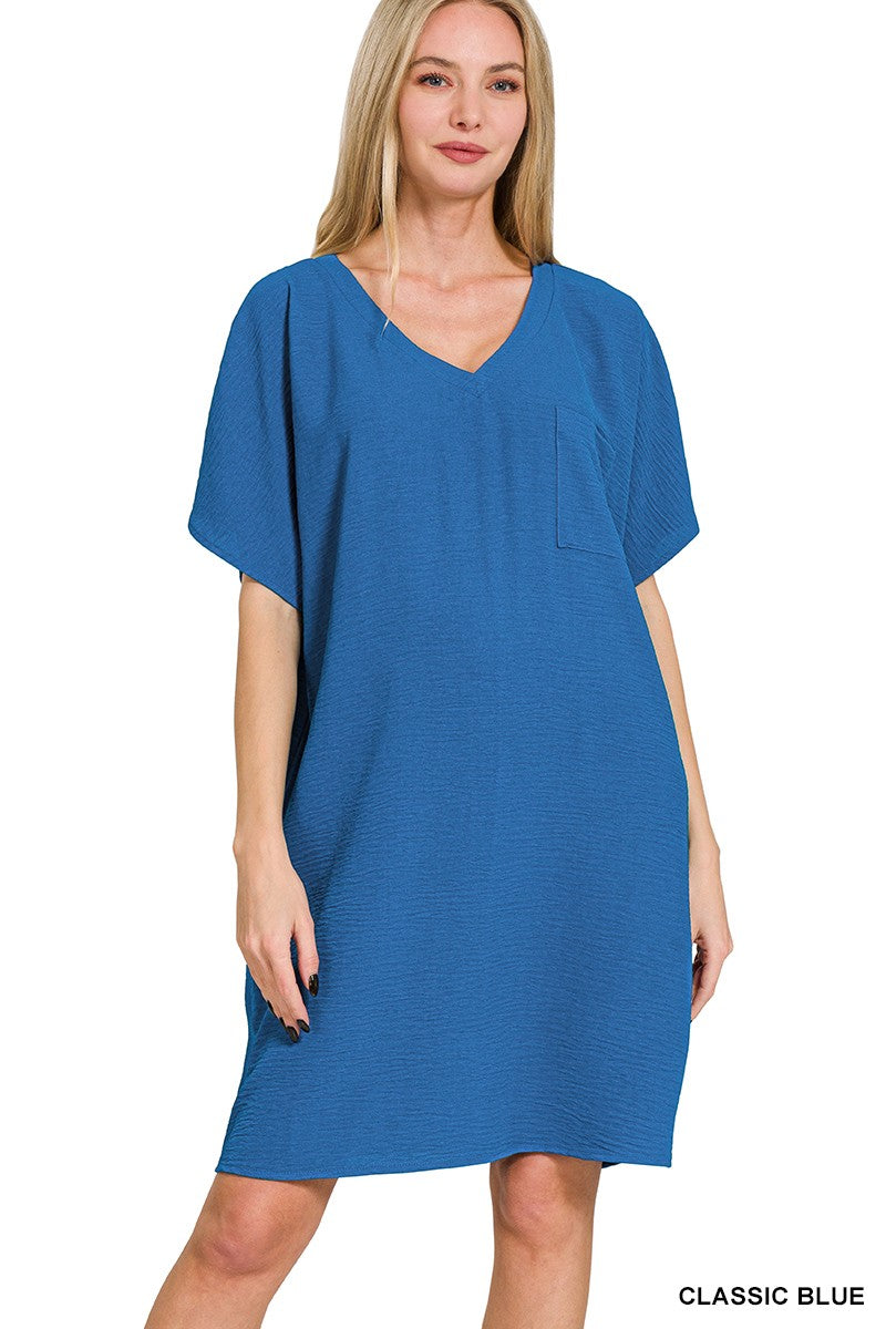 WOVEN AIRFLOW SUMMER V NECK T SHIRT DRESS WITH POCKETS