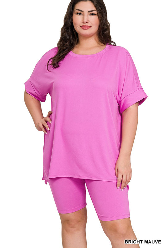 PLUS BRUSHED DTY MICROFIBER ROUND-NECK TOP & BIKER