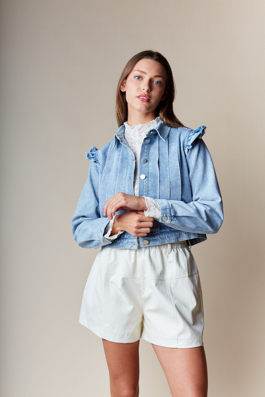 Shoulder Mini Ruffle Denim Jacket