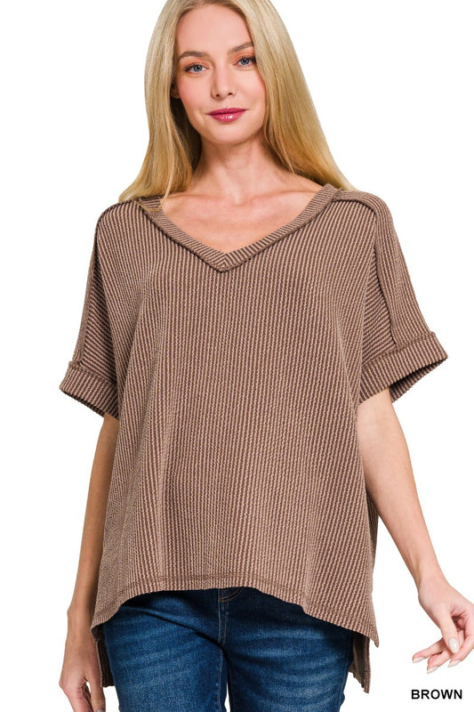 Corded Rib Short Sleeve Hi-low V Neck Top