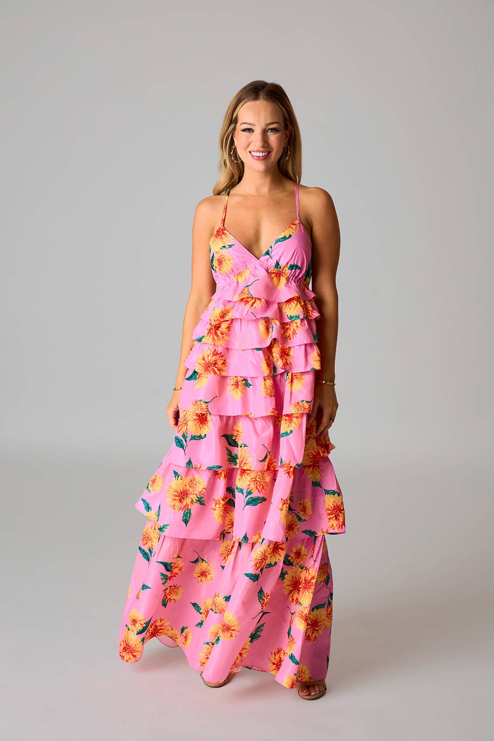 crawford maxi dress Callie Sunflower Pink Floral Ruffled Maxi Dresse – CRAWFORD HILL BOUTIQUE
