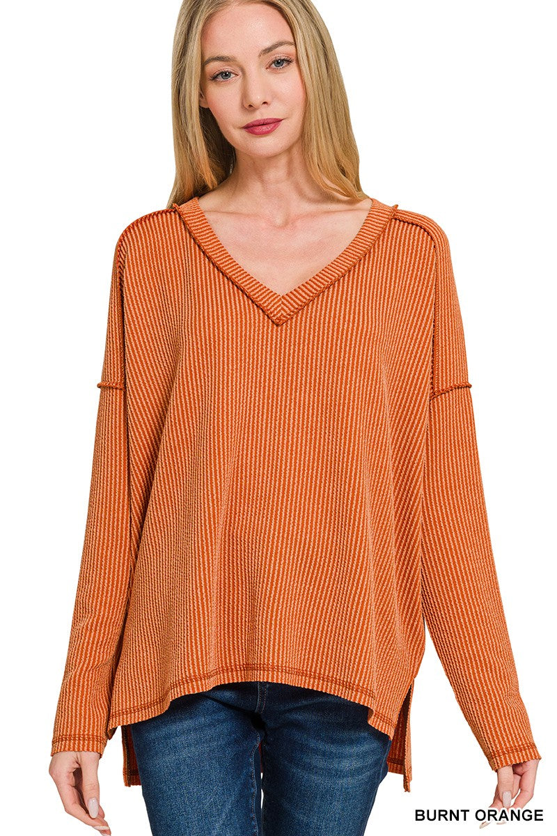 Corded Rib Long Sleeve Hi-low V Neck Top