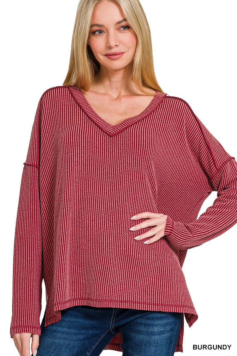 Corded Rib Long Sleeve Hi-low V Neck Top