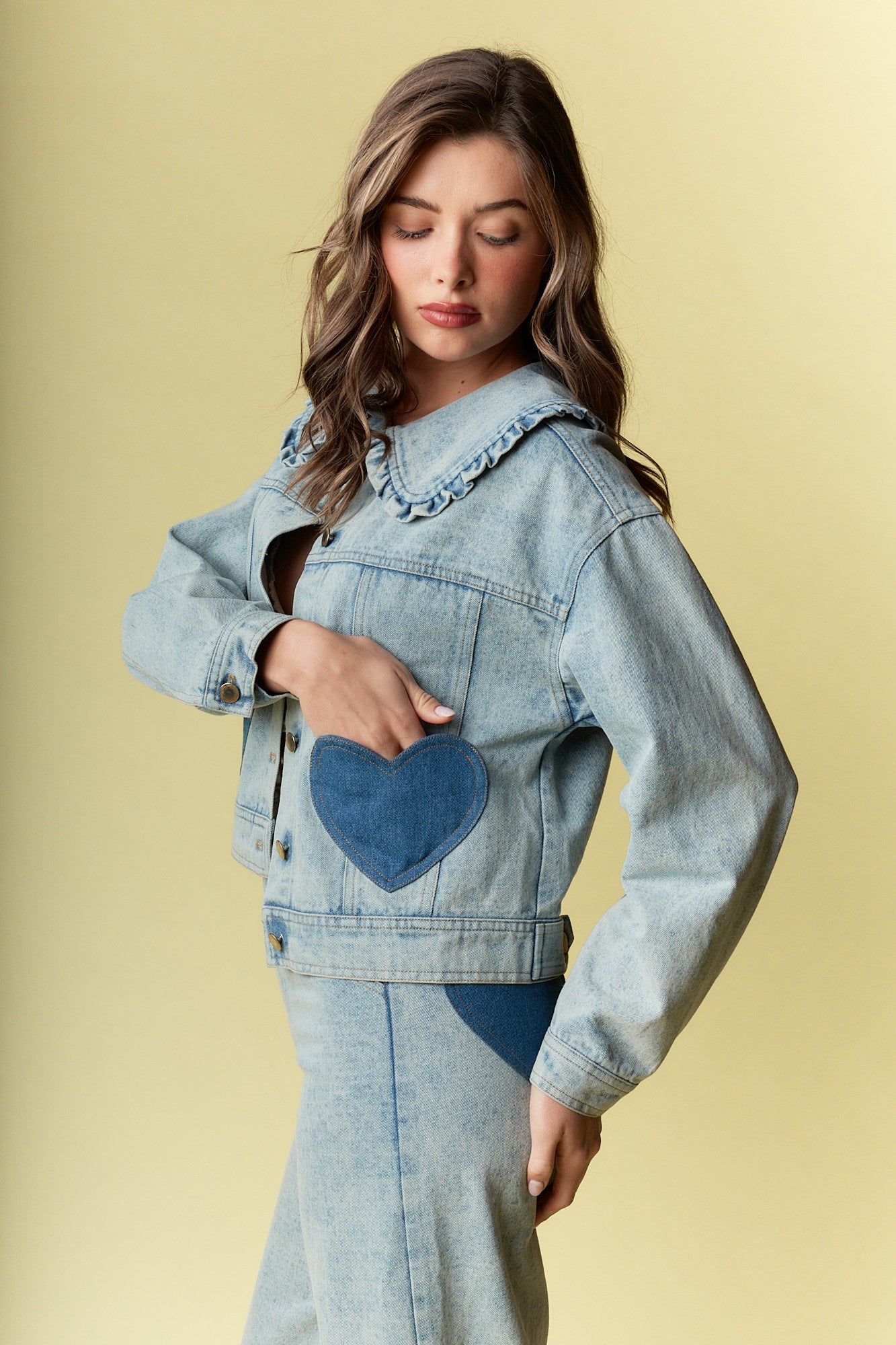 Heart Patch Denim Jacket With Ruffle Collar