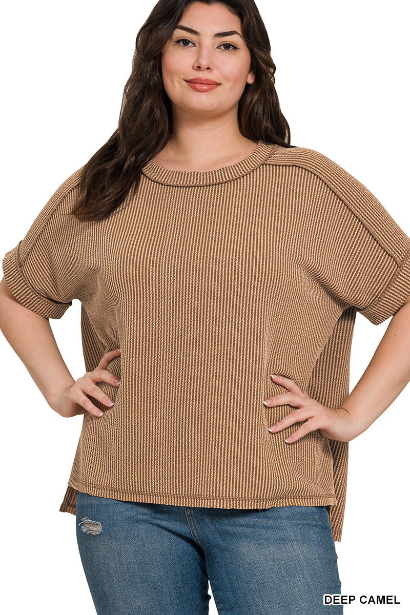 PLUS CORDED RIB CUFF SLEEVE RAW EDGE TOP