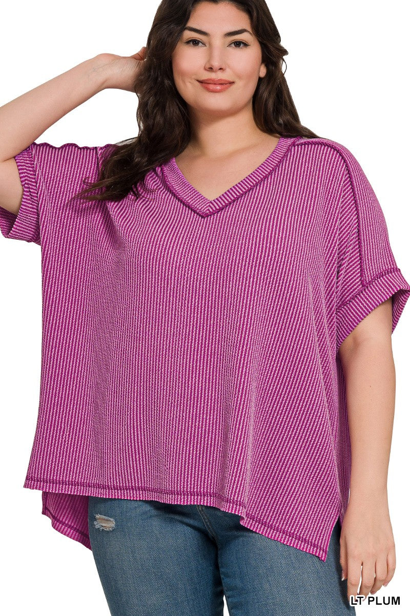 PLUS CORDED RIB SHORT SLEEVE HI-LOW V NECK TOP