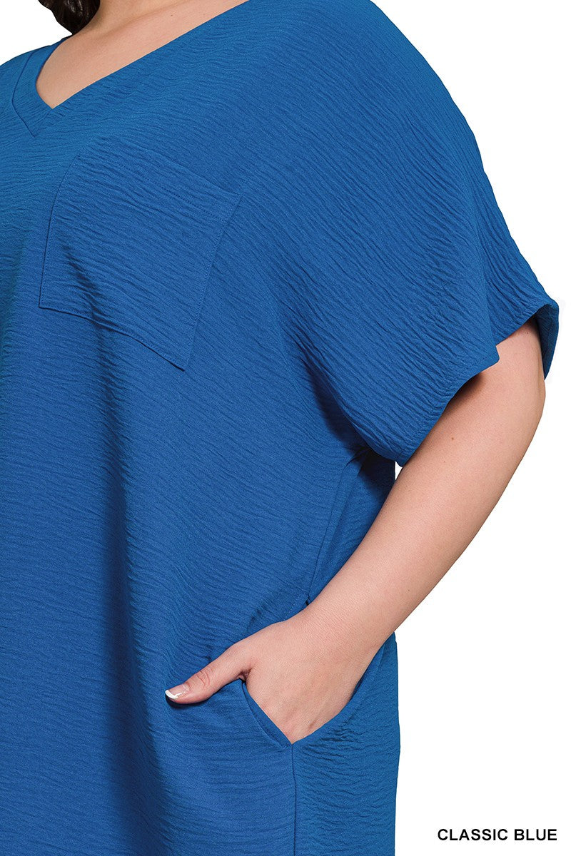 PLUS WOVEN AIRFLOW V NECK T SHIRT DRESS W/ POCKETS