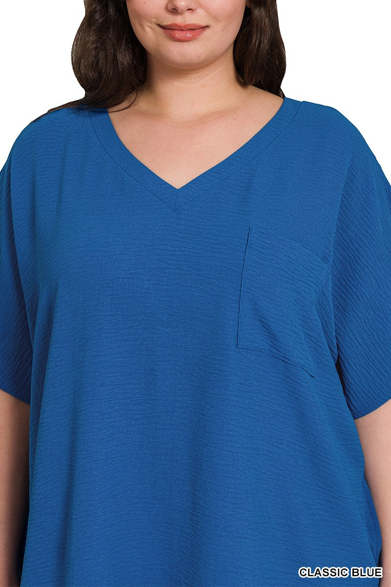 PLUS WOVEN AIRFLOW V NECK T SHIRT DRESS W/ POCKETS
