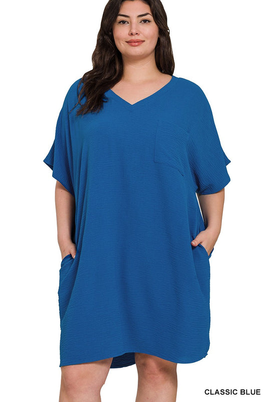 PLUS WOVEN AIRFLOW V NECK T SHIRT DRESS W/ POCKETS