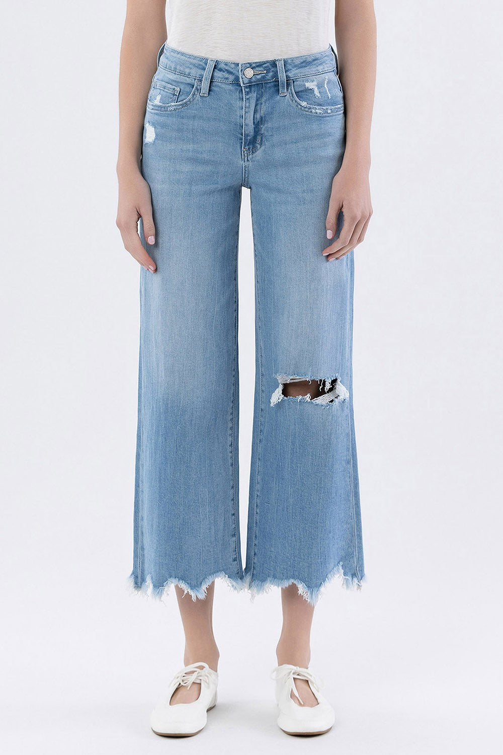 High Rise Distressed Crop Wide Jeans