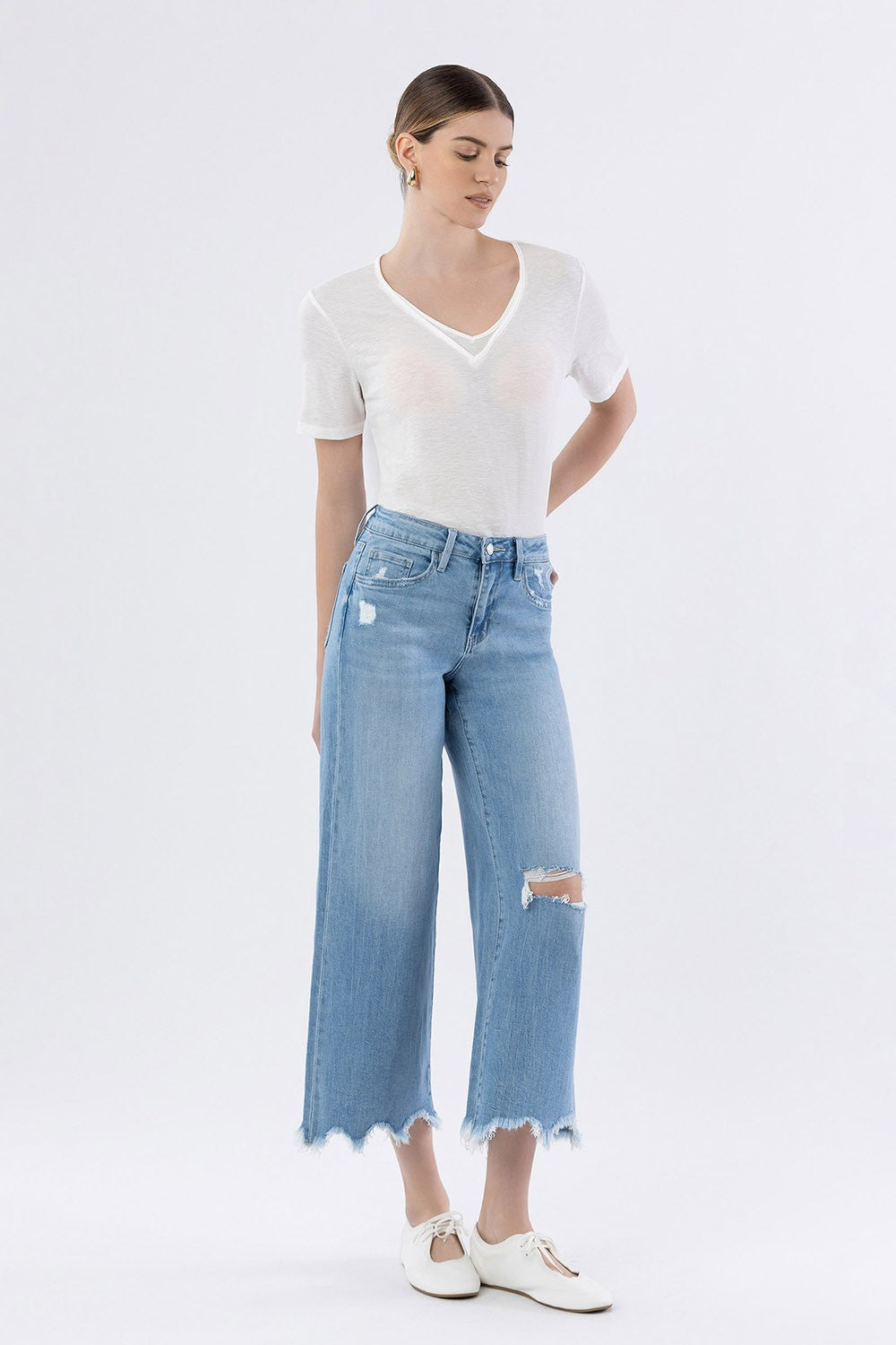 High Rise Distressed Crop Wide Jeans