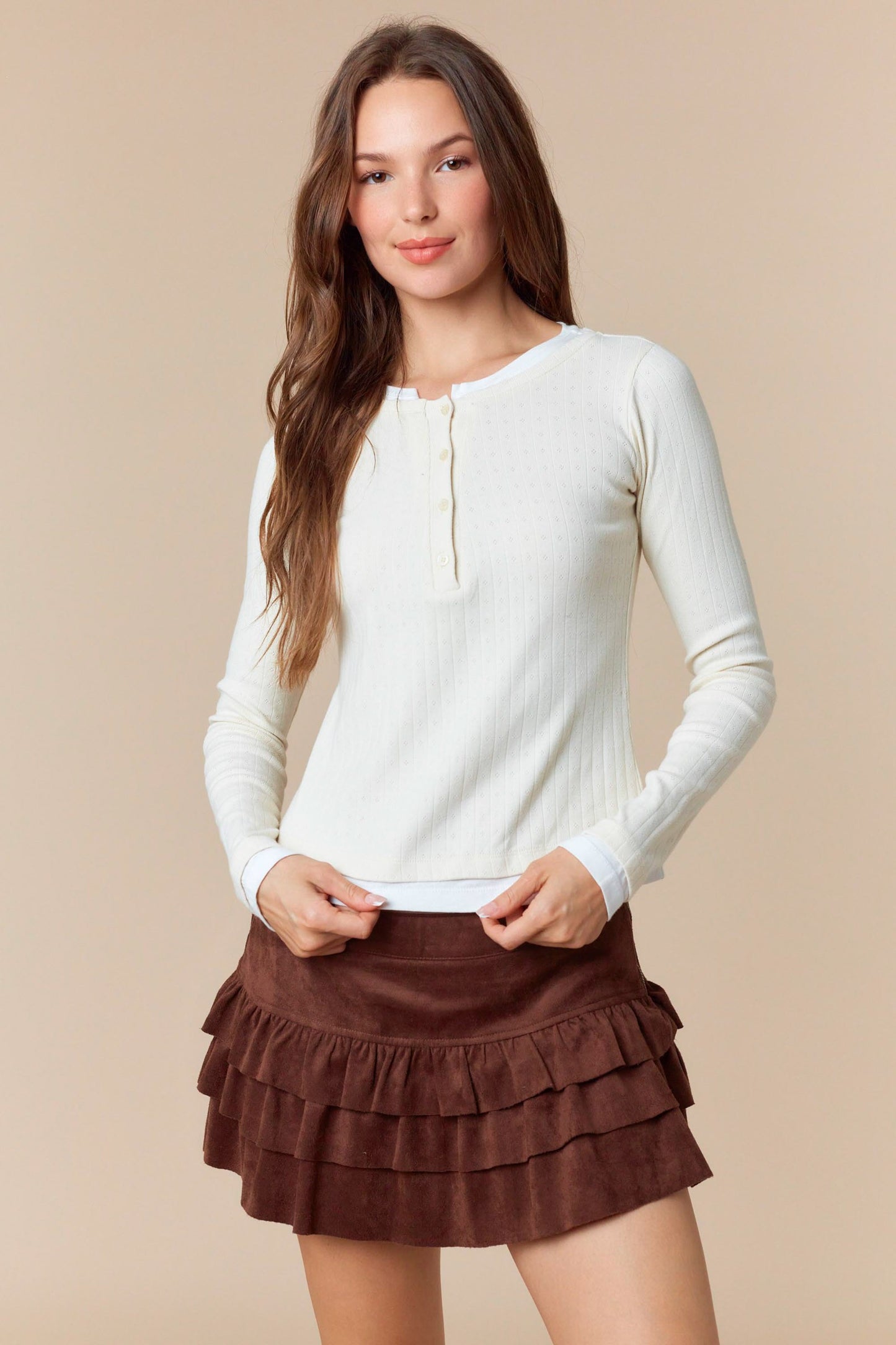 Semi Button & Layered Detail Pointelle Rib Top