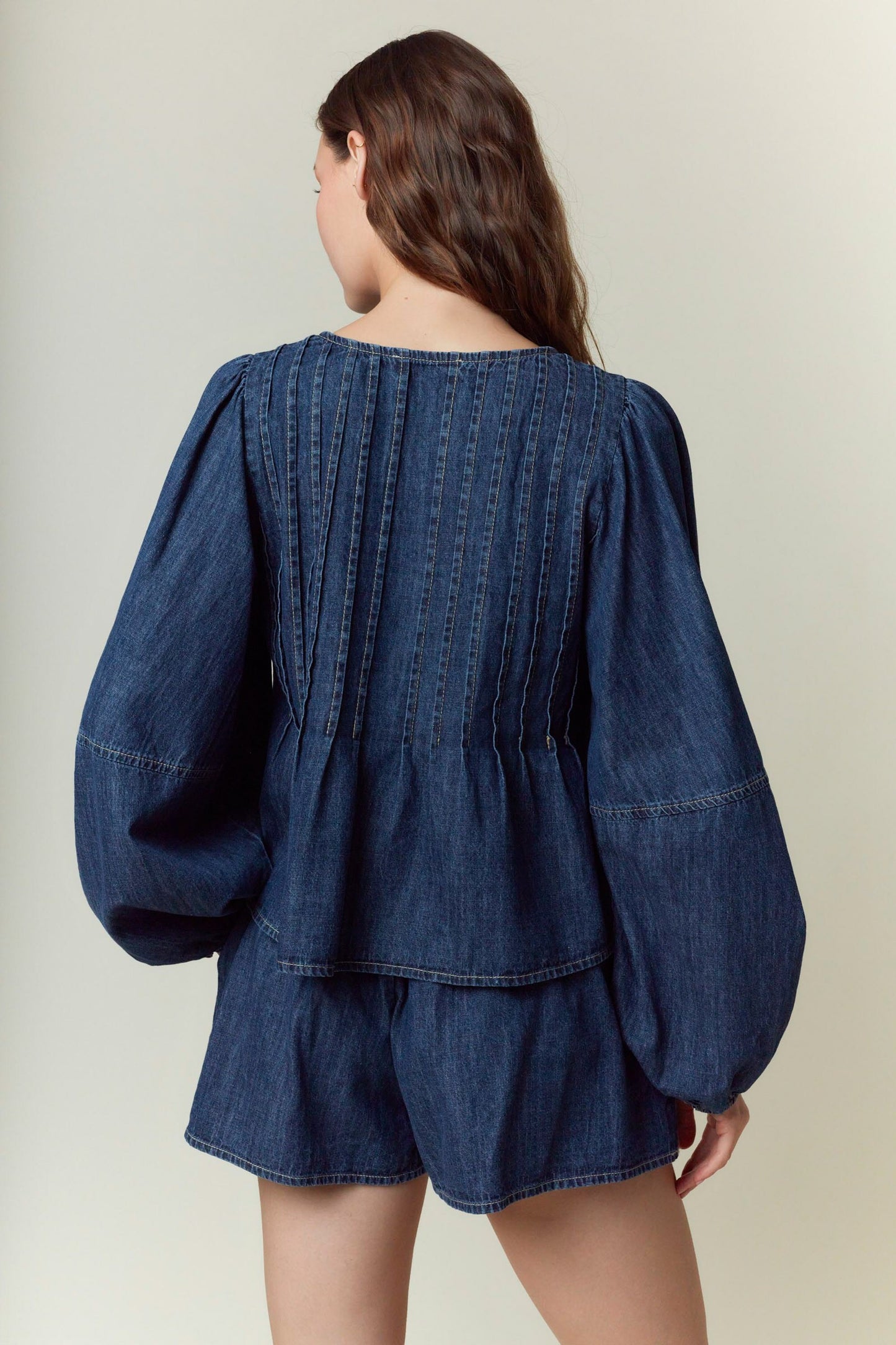 Washed Denim Pleats With Front Tie Flare Top