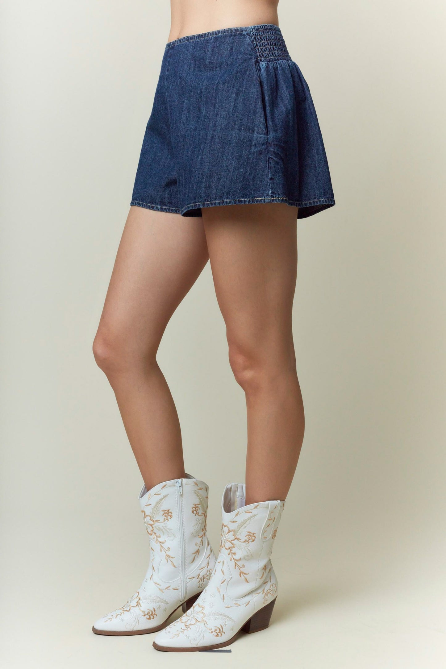 Washed Denim Back Smocking Detail Shorts