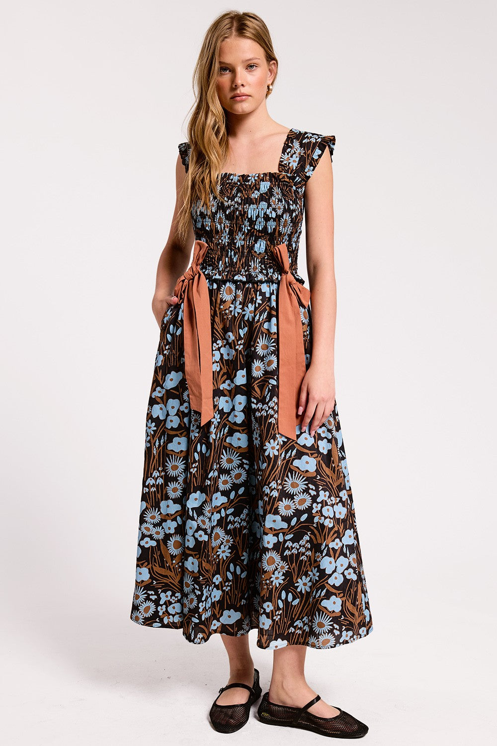 Fall Floral Ribbon Midi Dress