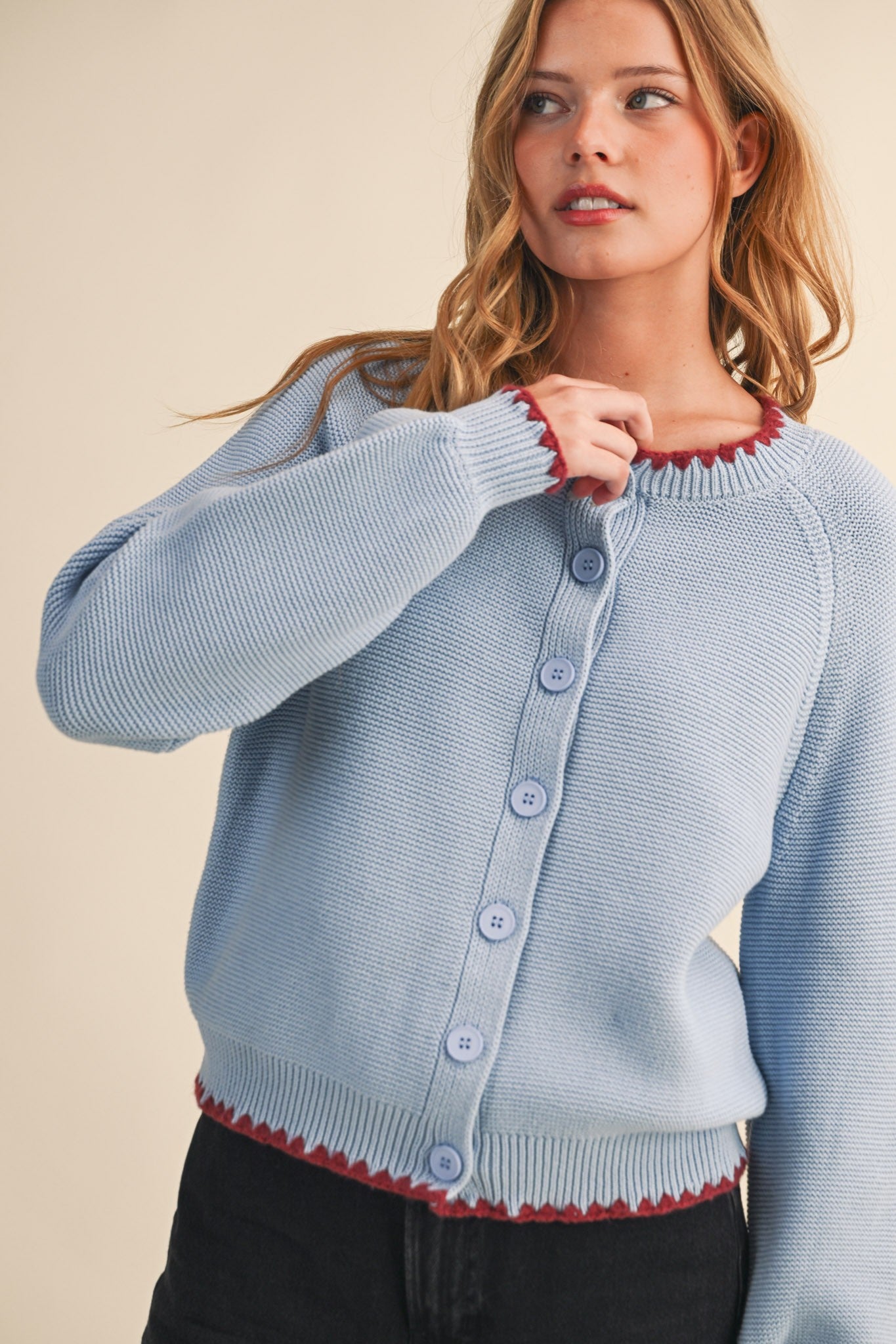 Contrast Scalloped Collar Sweater Cardigan