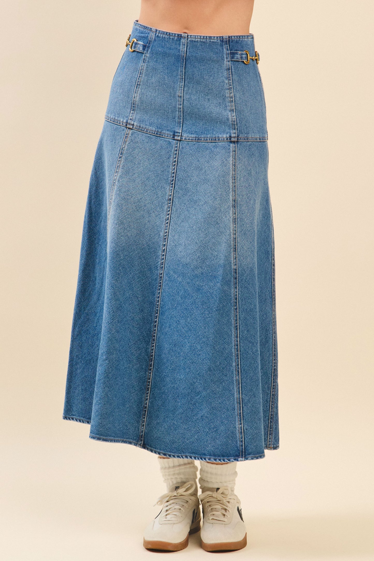 High Waisted Paneled A Line Denim Midi Skirt