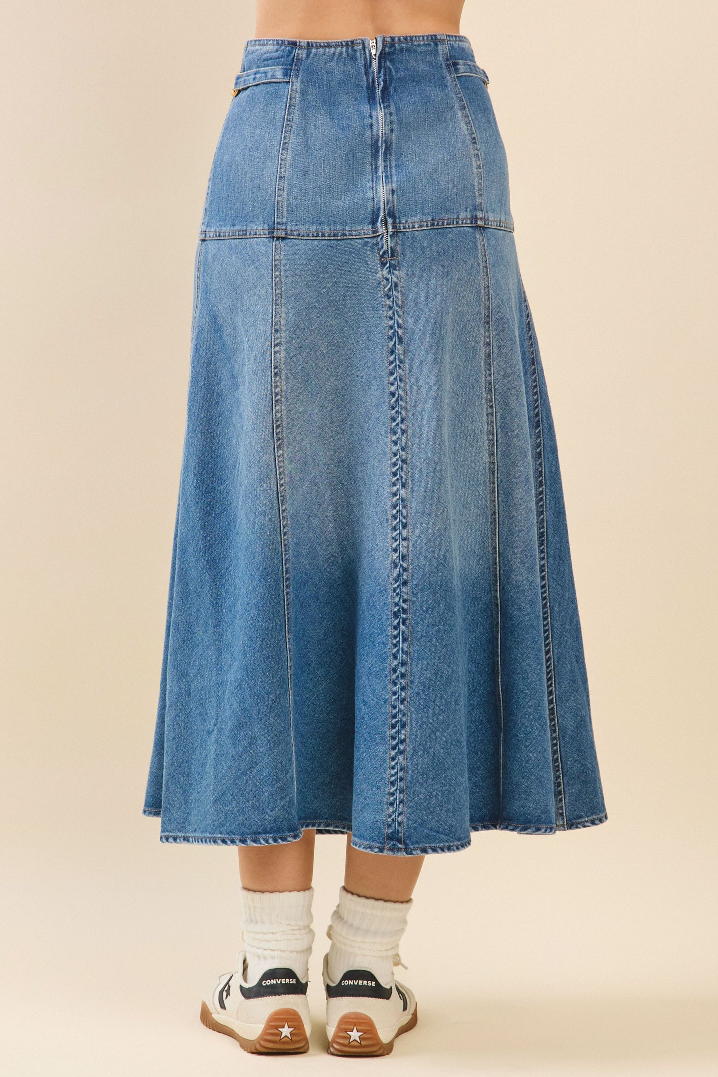 High Waisted Paneled A Line Denim Midi Skirt