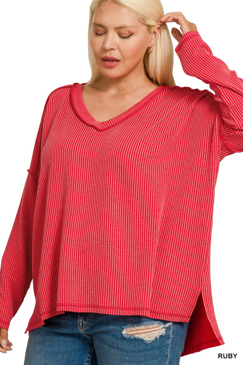 Plus Raised Rib Long Sleeve Hi-low V Neck Top