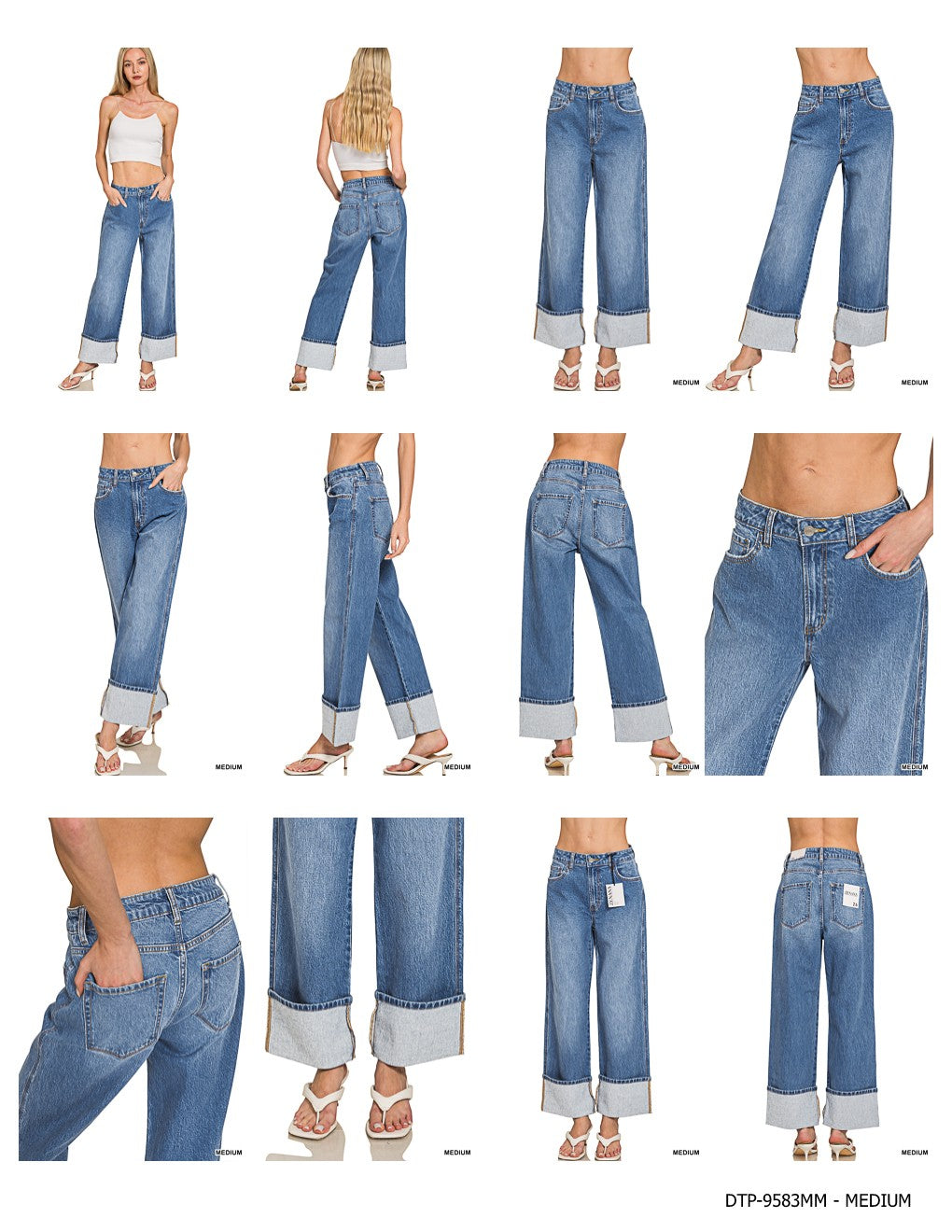 High Rise Cuffed Wide Leg Denim Pants